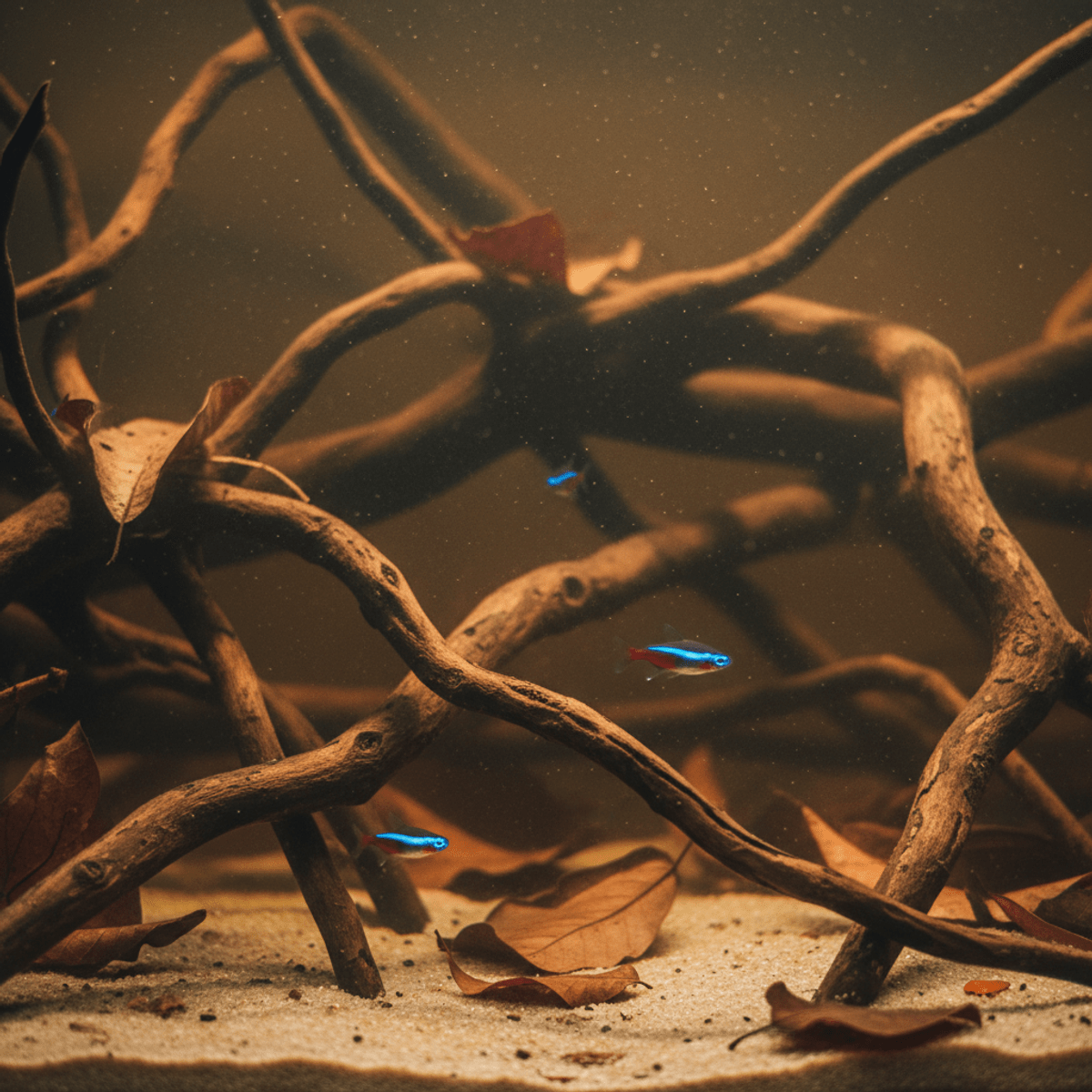 Close-up of a blackwater aquarium with glowing fish and Malaysian driftwood.
