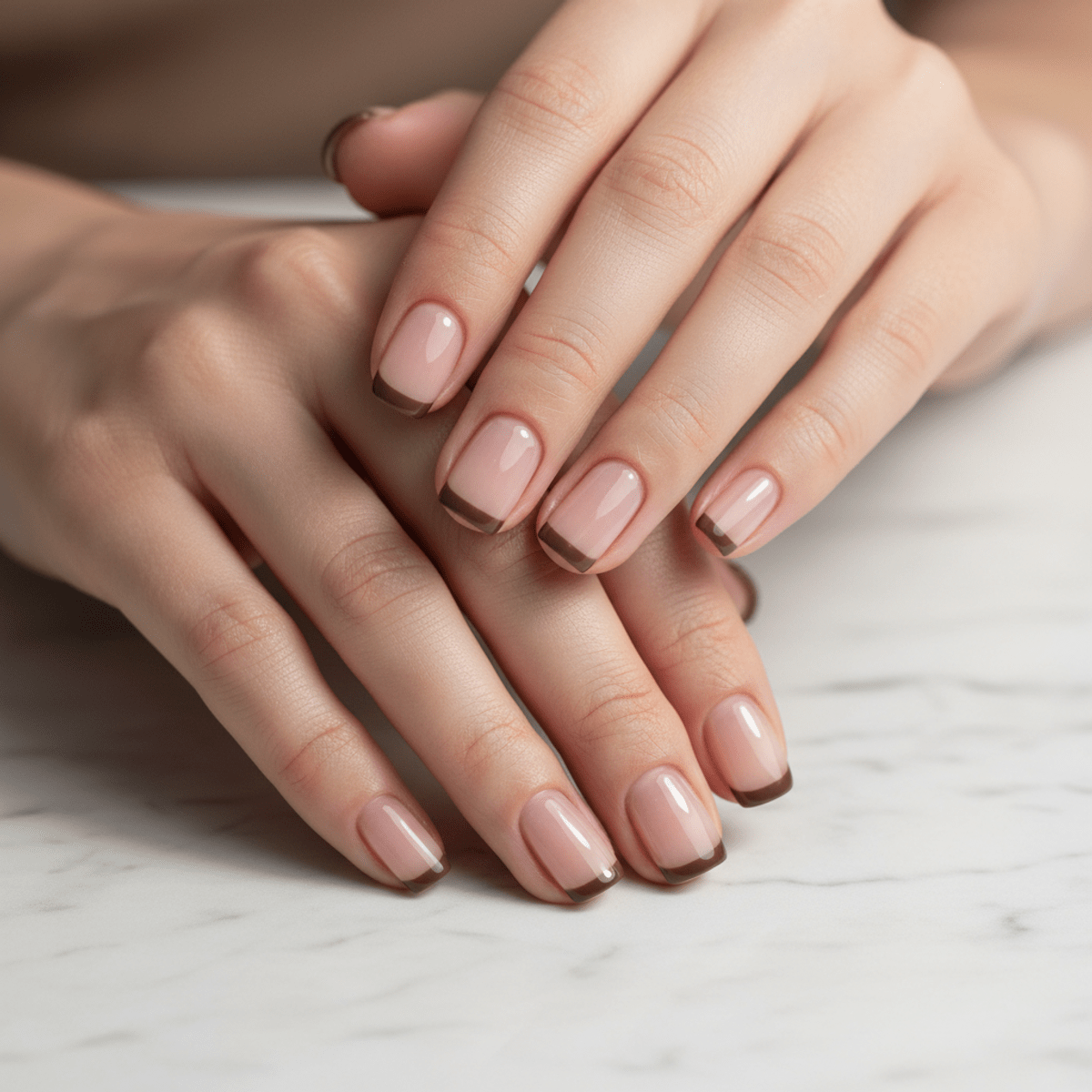 Elegant mocha mousse nails with espresso French tips on marble surface.