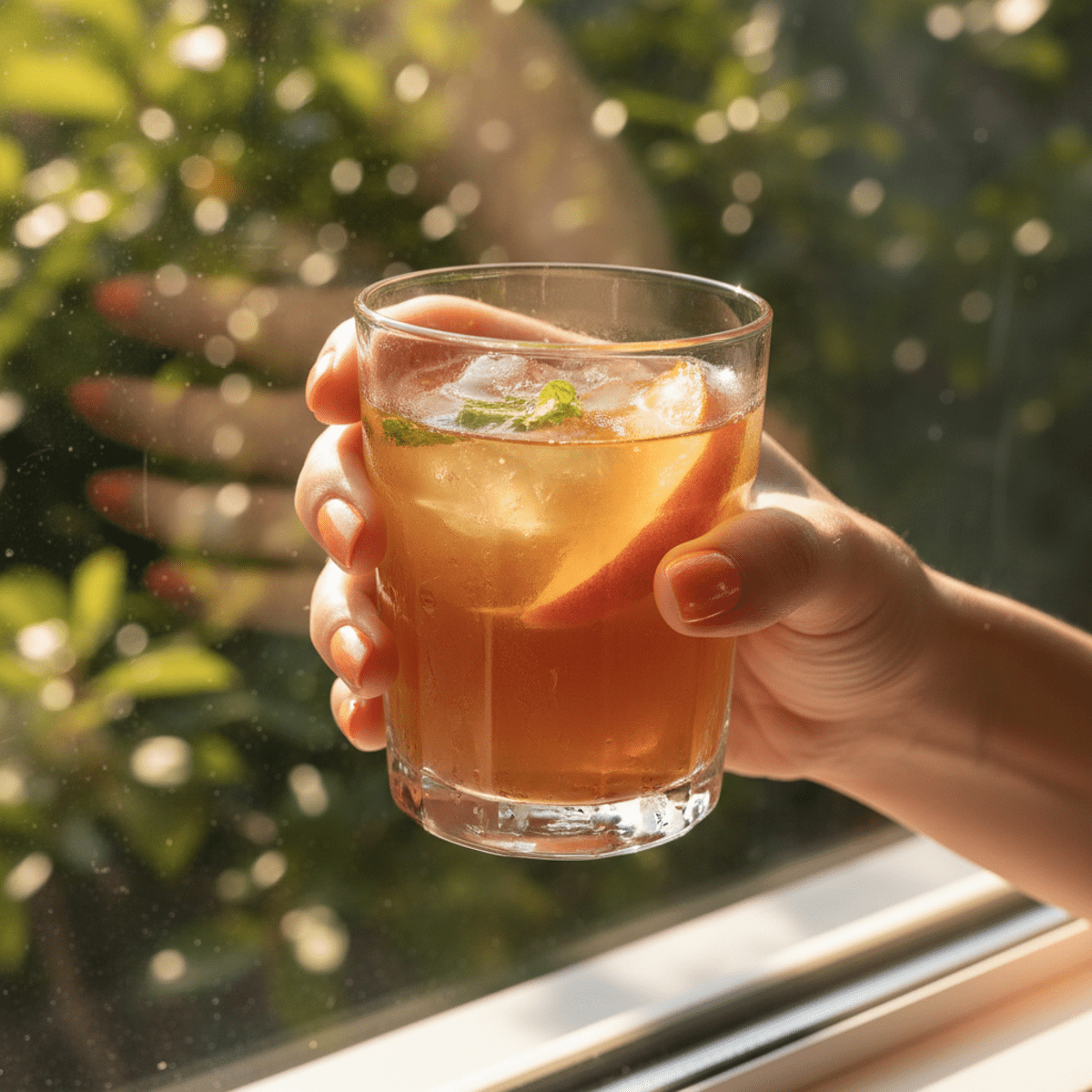 Model with glazed peach nails holding iced peach tea in sunlight.