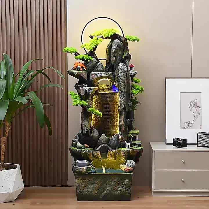 Large Decorative Indoor Zen Waterfall Fountain With LED Lighting Natural  Rock Formation Bonsai Tree Accents and Water Wheel