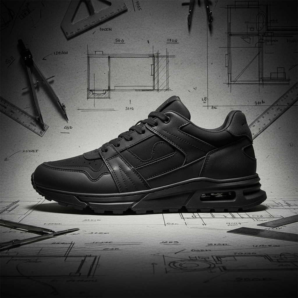 Men's architectural sneakers with layered panels and visible seams on a sketchboard.