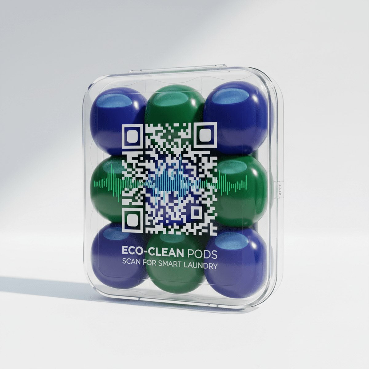 Vibrant blue and green laundry pods neatly arranged in minimalist transparent packaging.