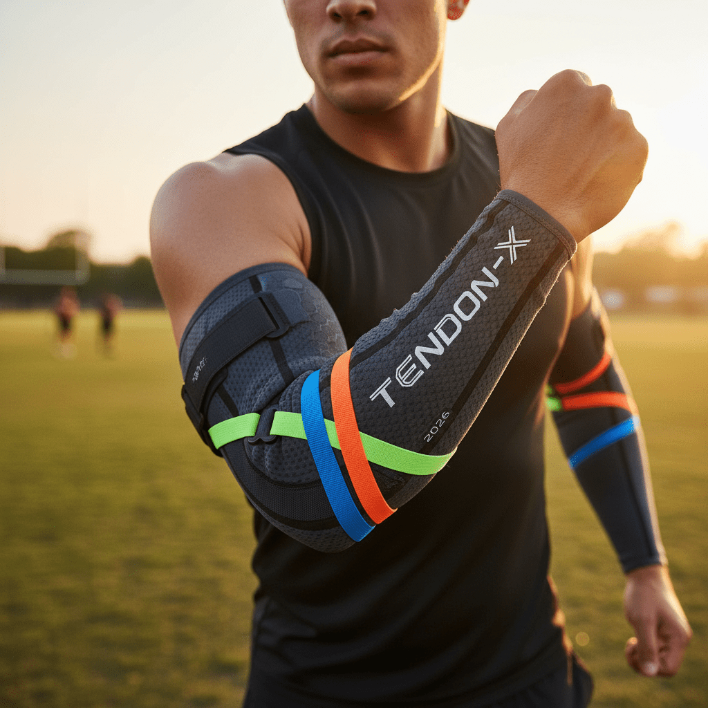 Athlete's arm with a high-tech elbow brace and modular compression sleeve.