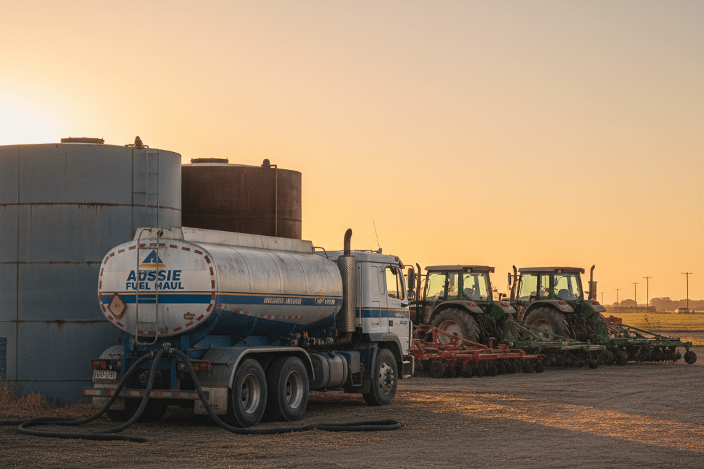 Empty diesel trucks and tractors in Australian farmyard at dawn showing impact of fuel shortage