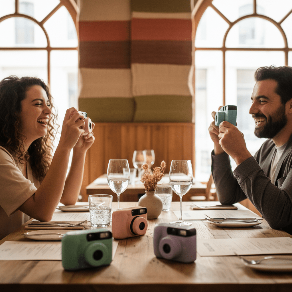 Guests enjoy dining with pastel disposable cameras at a modern restaurant table.
