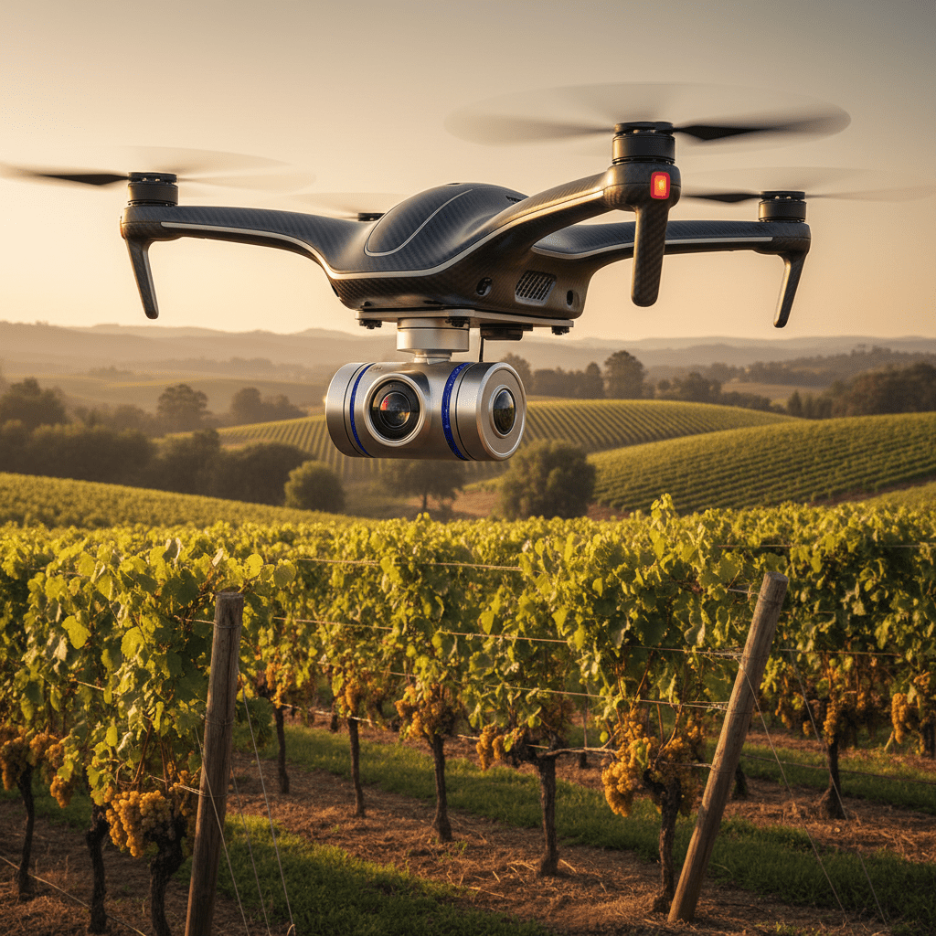 Modular drone with multispectral sensor analyzes crop health over a vineyard.