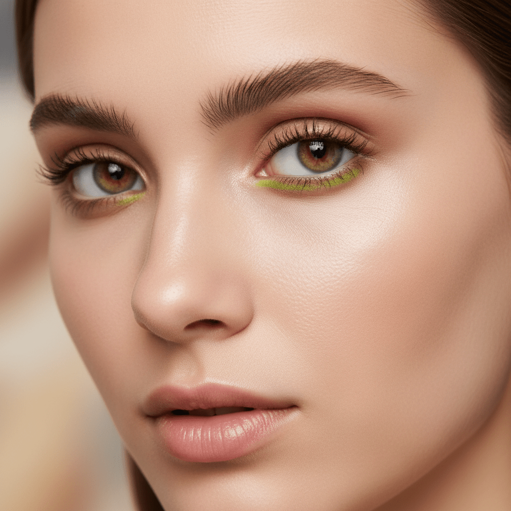 Model with vibrant chartreuse eyeliner accentuating natural eye color and clean skin.