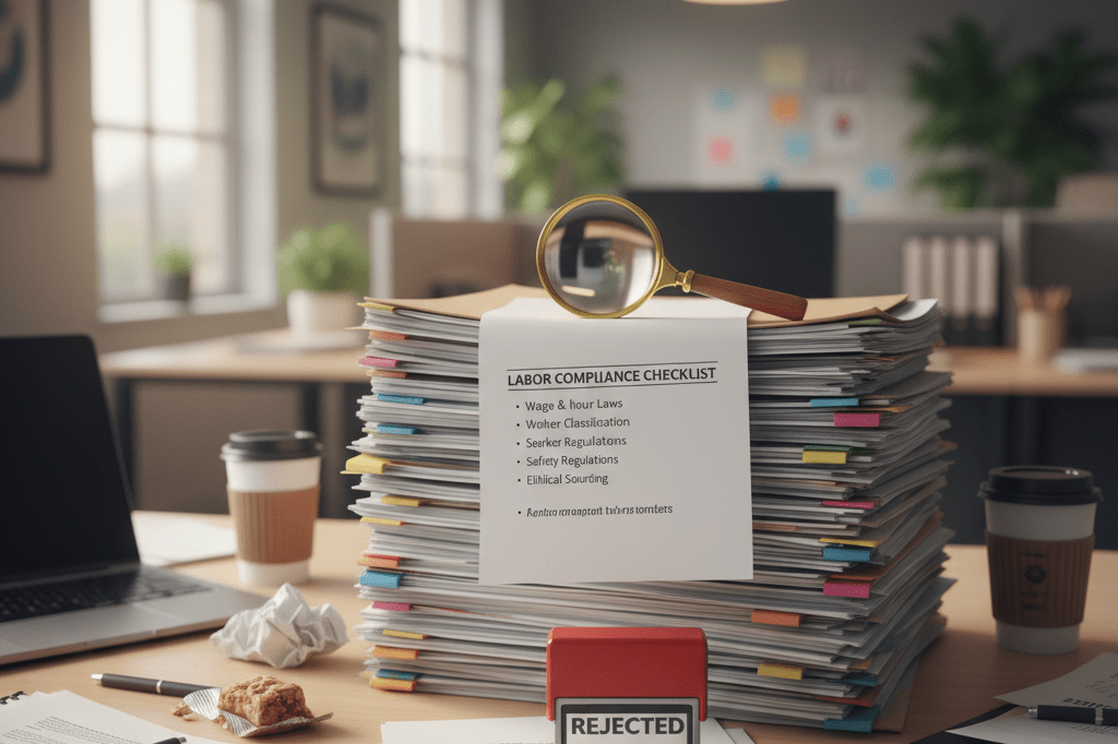 Cluttered procurement desk with contracts and compliance checklist under natural light symbolizing due diligence