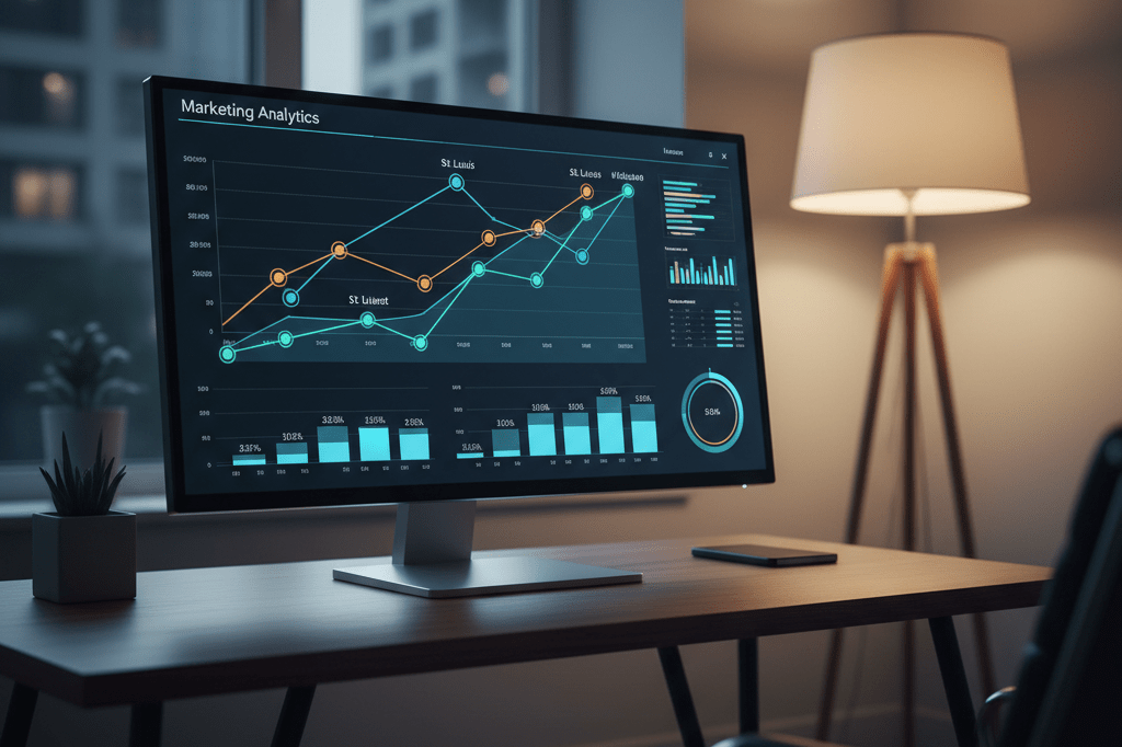 Analytics screen showing regional marketing success in St. Louis Office monitor displaying positive marketing trends for St. Louis region under warm ambient light