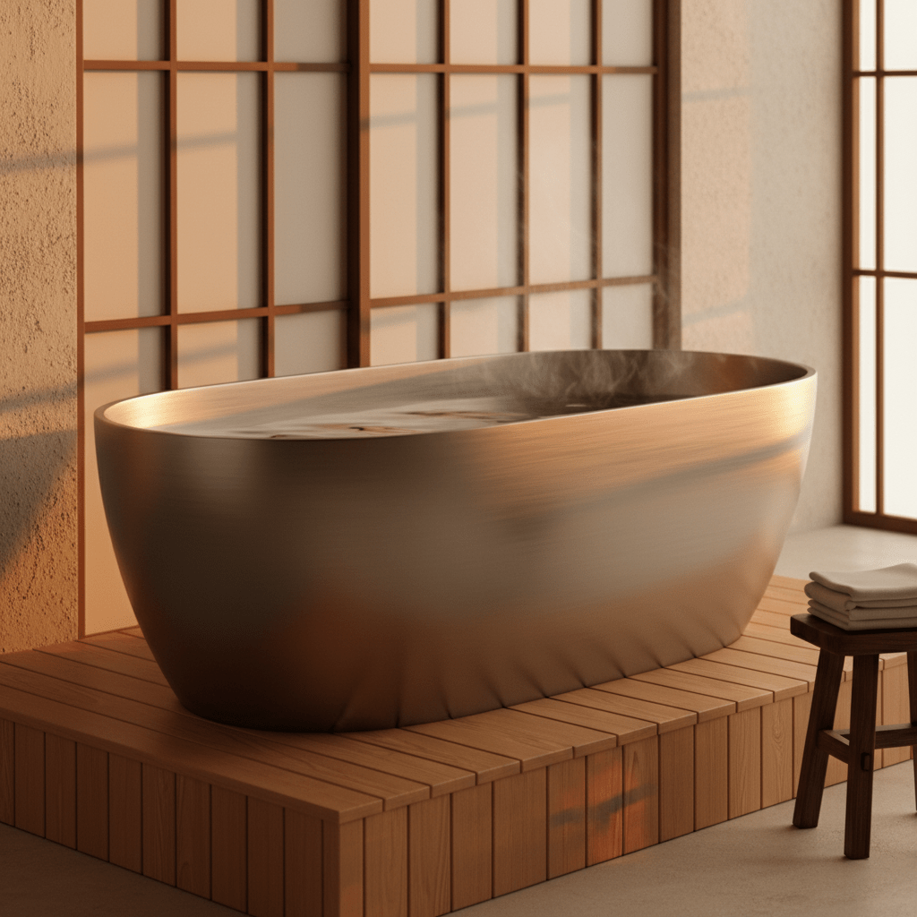 Modern brushed stainless steel soaking tub bathed in golden hour sunlight.