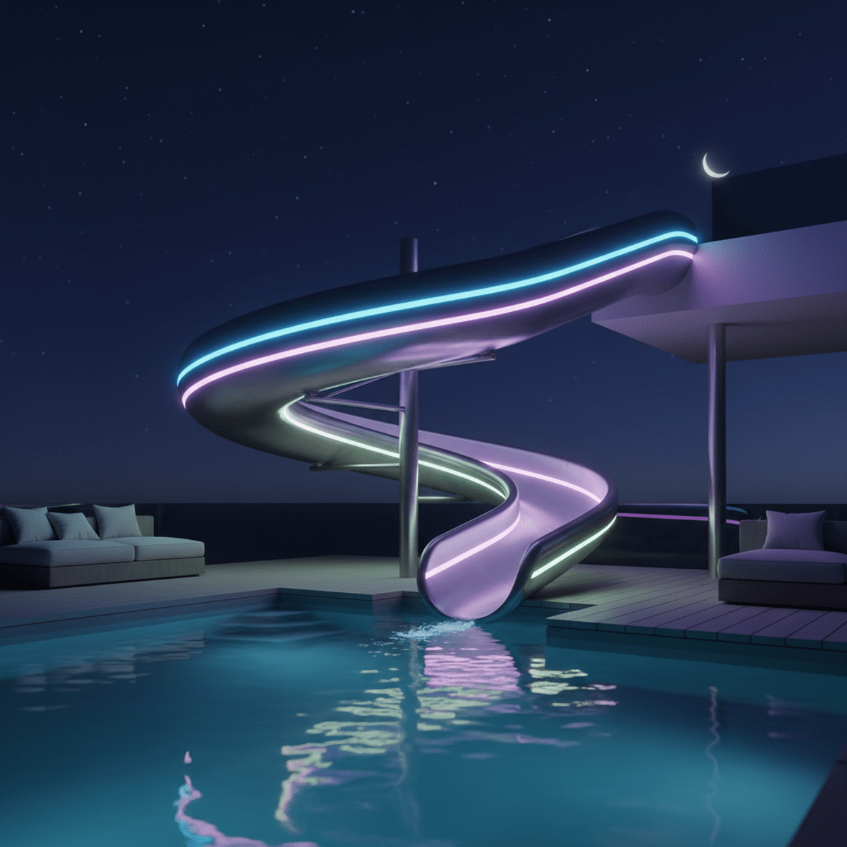 Sleek, futuristic pool slide with vibrant LED lights glowing at night.