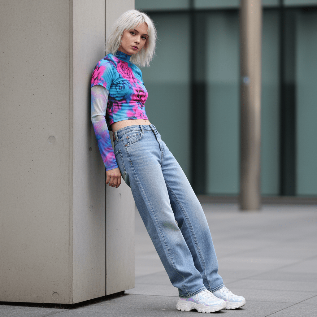 Young adult in low-rise jeans, baby tee with glitched floral AI art, and mesh top.