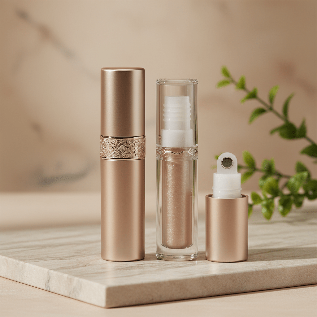 Sleek eco-luxe lip gloss refillable design with metal and glass casing.