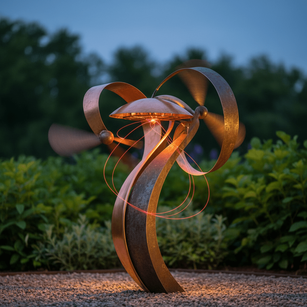 Kinetic bug zapper sculpture at twilight garden Artistic laser bug zapper sculpture with polished copper curves at twilight.