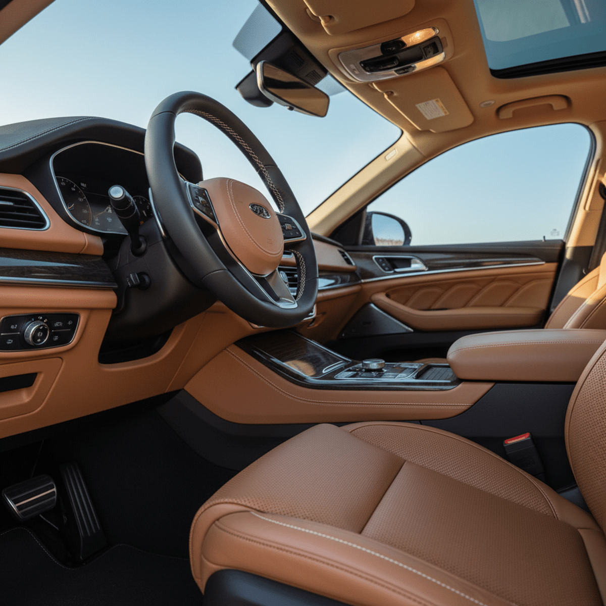 Luxurious midsize SUV interior with two-tone leather seats and panoramic sunroof.