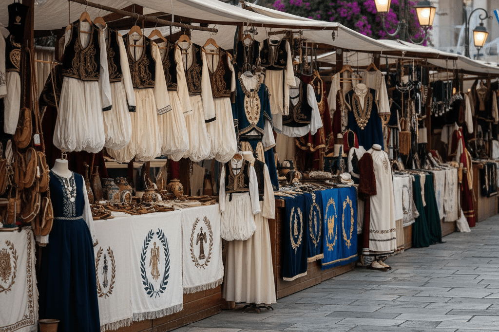 Colorful array of Greek traditional clothing and cultural items neatly arranged at festive outdoor marketplace