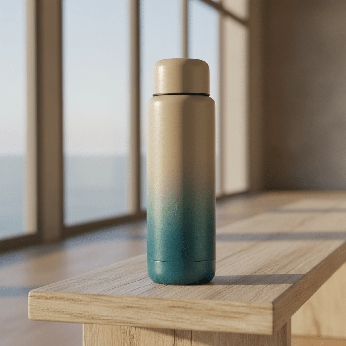 Gradient steel tea bottle on wooden bench, ocean fade, glossy powder coat.