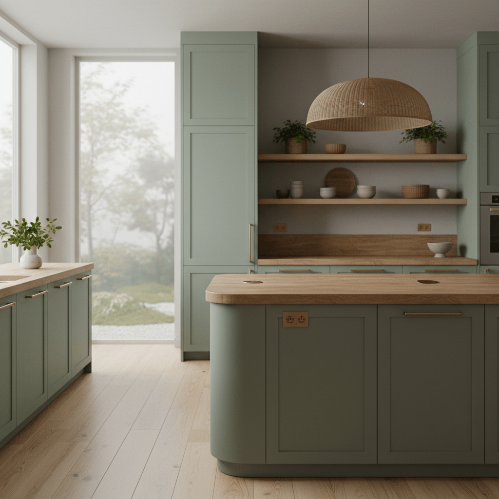 Japandi minimalist kitchen with sage green cabinets, oak shelves, and butcher block.