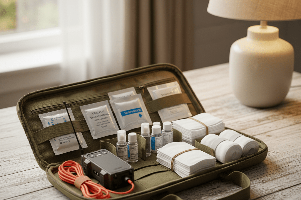 Open travel medical kit with wound care supplies under natural light Specialized travel medical kit open on table with wound cleaning supplies and emergency devices