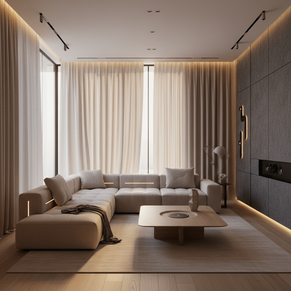 Serene living room with modular sofa, smart lighting, and wood coffee table.