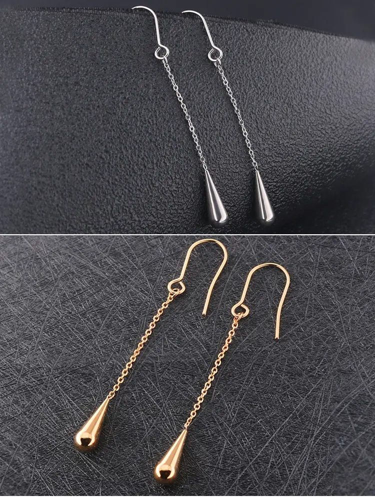 fashion statement unique women jewelry stainless steel long chain silver water drops earrings gold