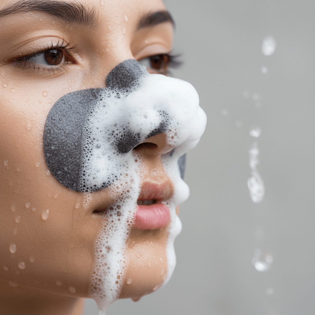 Blackhead strip foaming on nose, rich white bubbles expanding, pores visible.