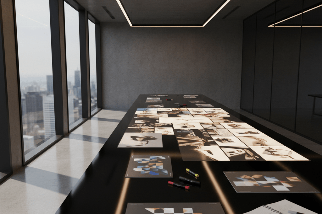 Sleek conference table with digital display and printed mockups under natural light, symbolizing advanced storytelling techniques