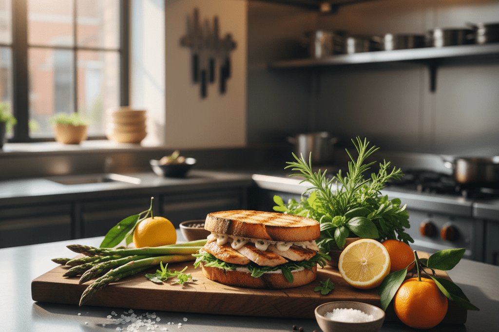 Close-up of fresh spring vegetables and a chicken sandwich on a wooden board under natural light