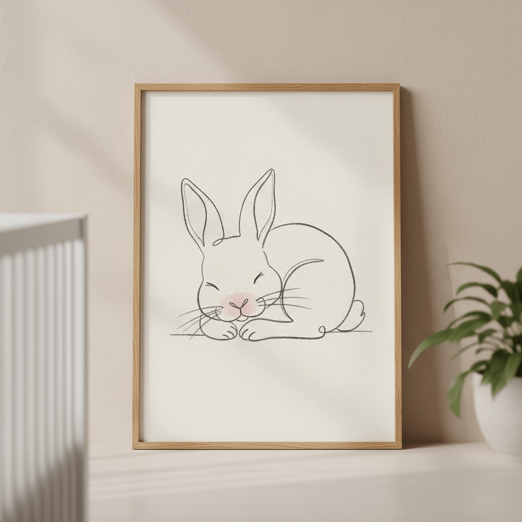 Minimalist continuous line drawing of a sleeping bunny on cream textured paper.