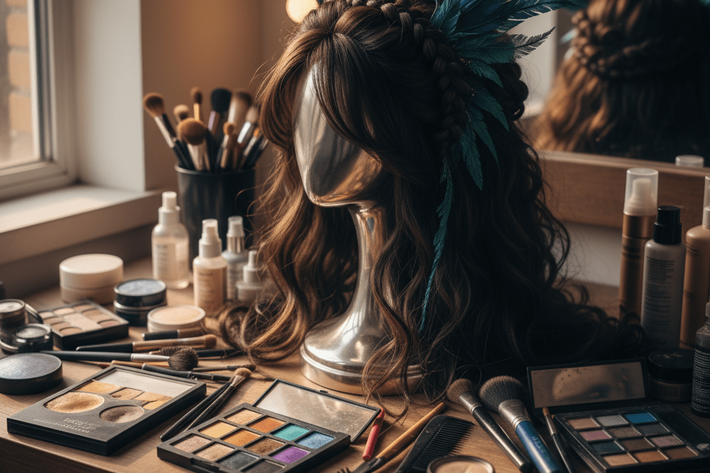 Professional wig and makeup tools arranged on a vanity under natural light, highlighting attention to visual authenticity