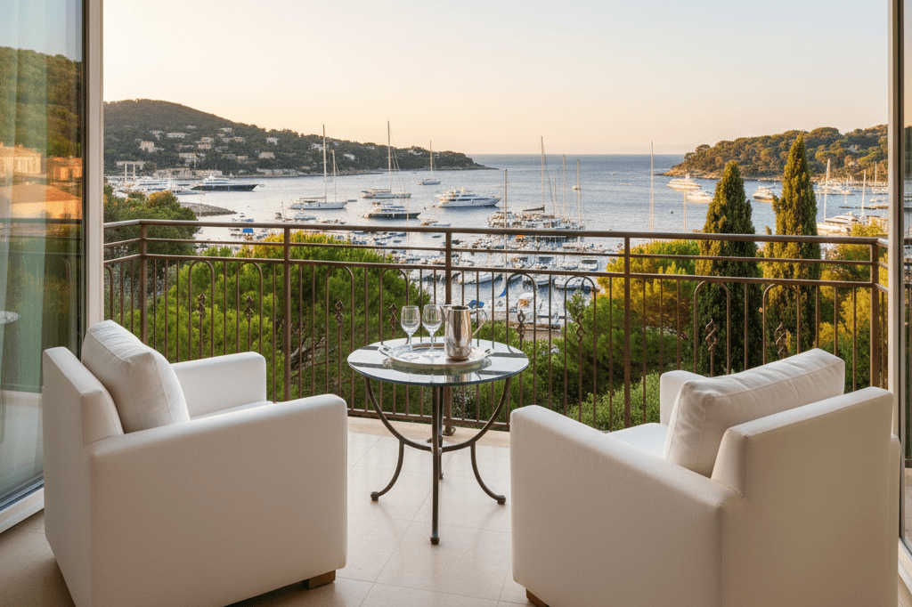 Elegant hotel balcony overlooking Saint-Tropez marina at sunset Wide shot of a high-end hotel balcony with outdoor furniture, yachts in distance, bathed in natural golden-hour light