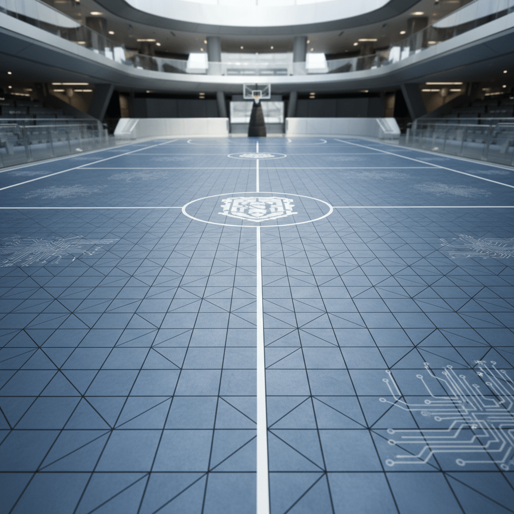 Futuristic sport court with intricate geometric patterns and integrated crest in corporate blue and gray.