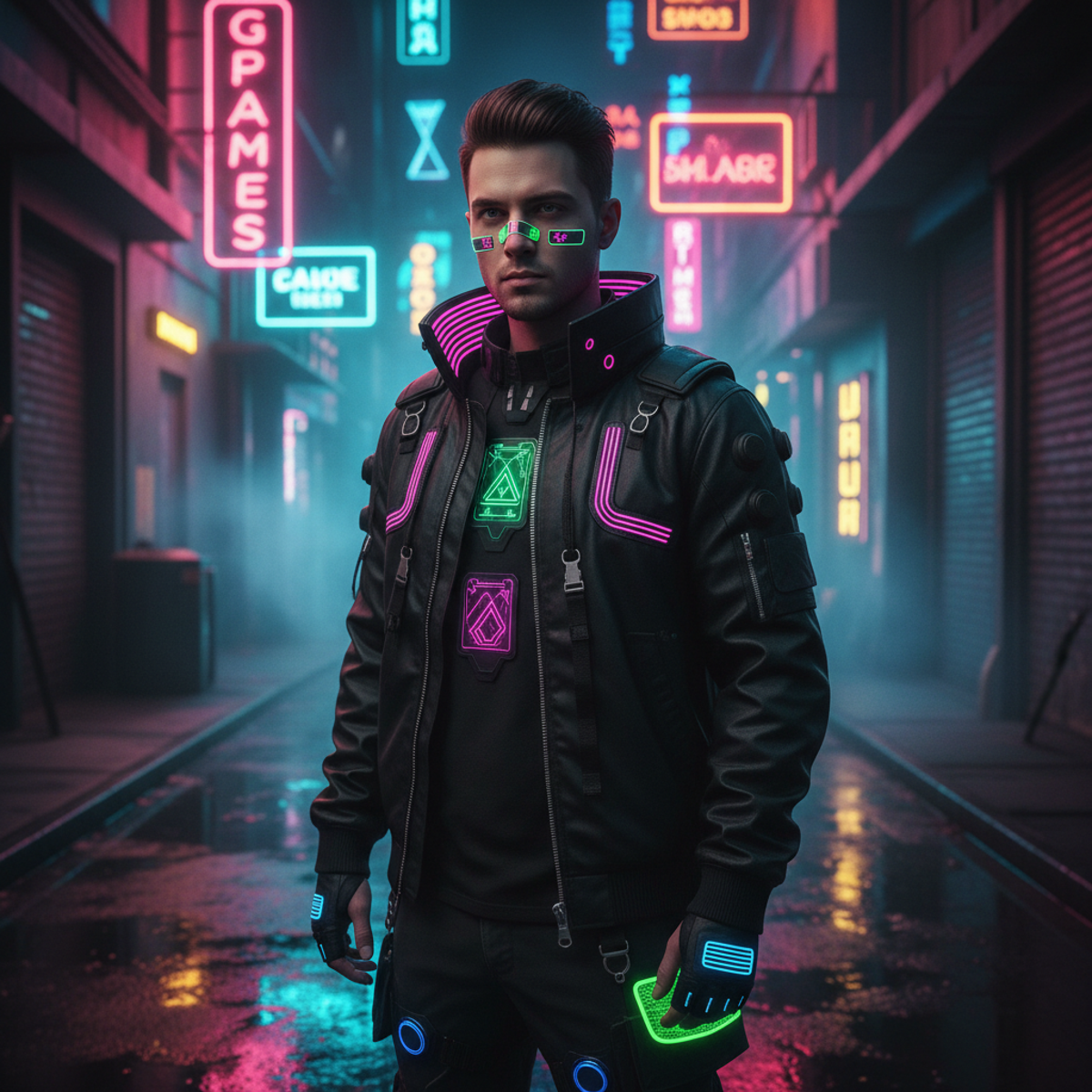 Cyberpunk gamer in neon alley with glitch art bandaid and techwear.