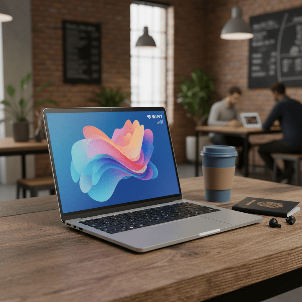 Ultra-portable laptop with premium aluminum finish on a rustic cafe table.