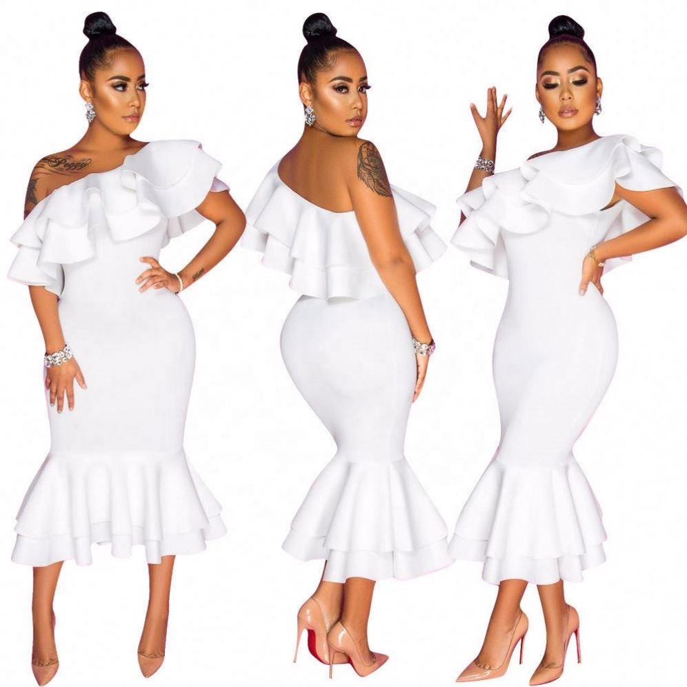 2020 женское однотонное Повседневное платье с одним открытым плечом и оборками, асимметричное плечо