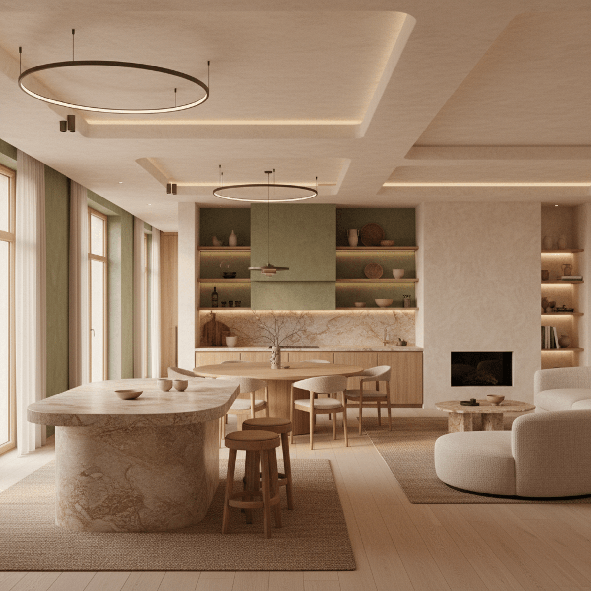 Luxurious kitchen with sage green limewash walls and natural stone island.