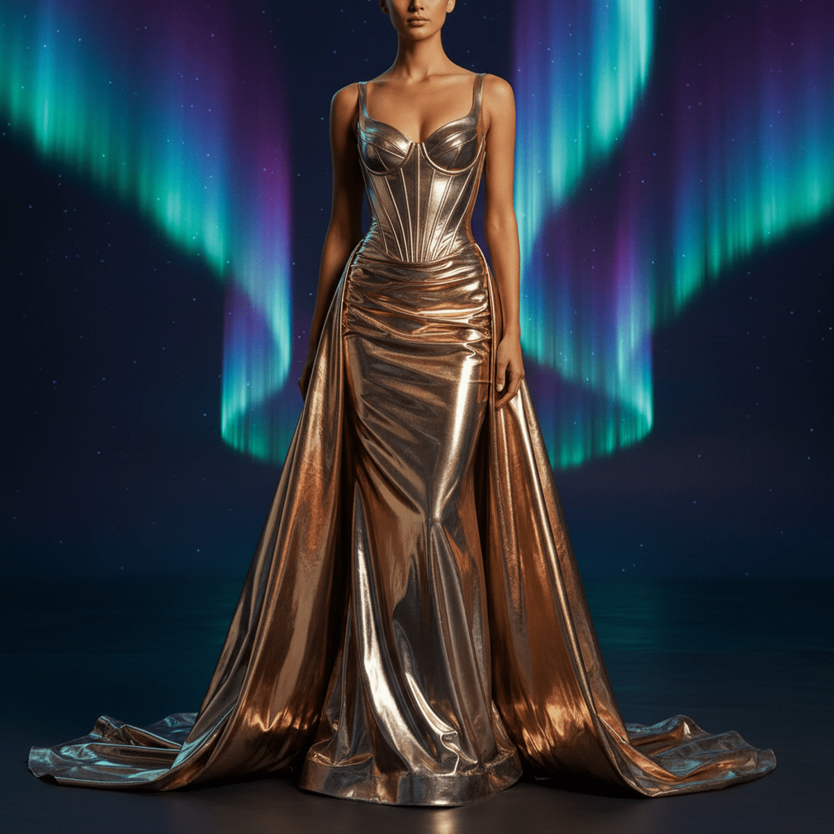 Sleeveless prom dress in shimmering molten metallic fabric with sculpted bodice.