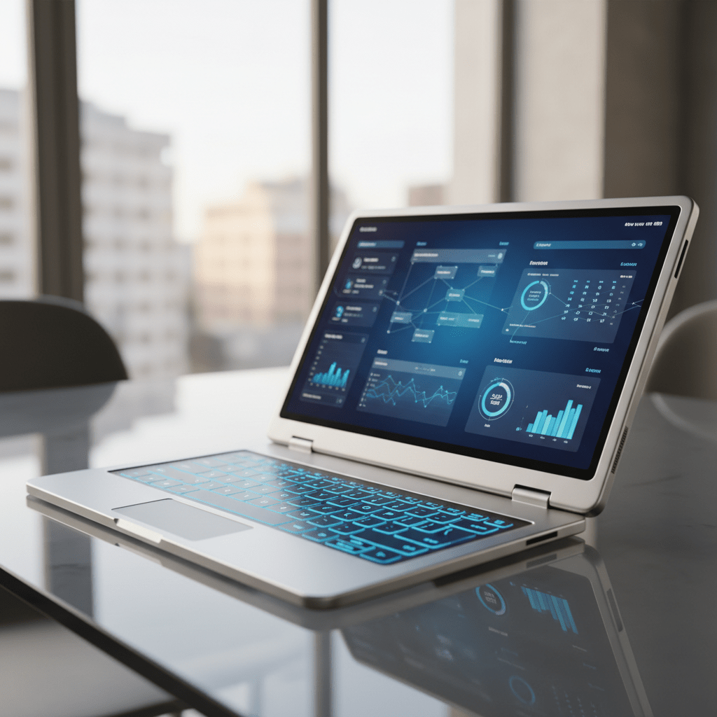 Futuristic foldable tablet in laptop mode with dual OLED screens and virtual keyboard.