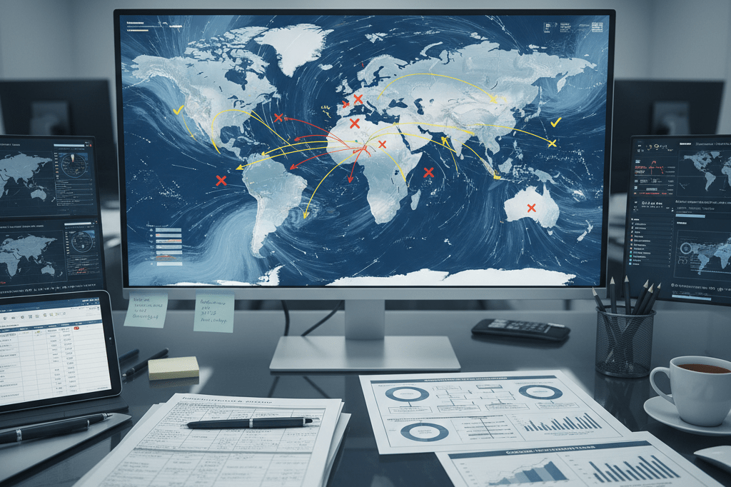Modern logistics control room preparing for extreme weather disruptions Empty logistics desk with weather maps and inventory charts under monitor glow, symbolizing supply chain readiness