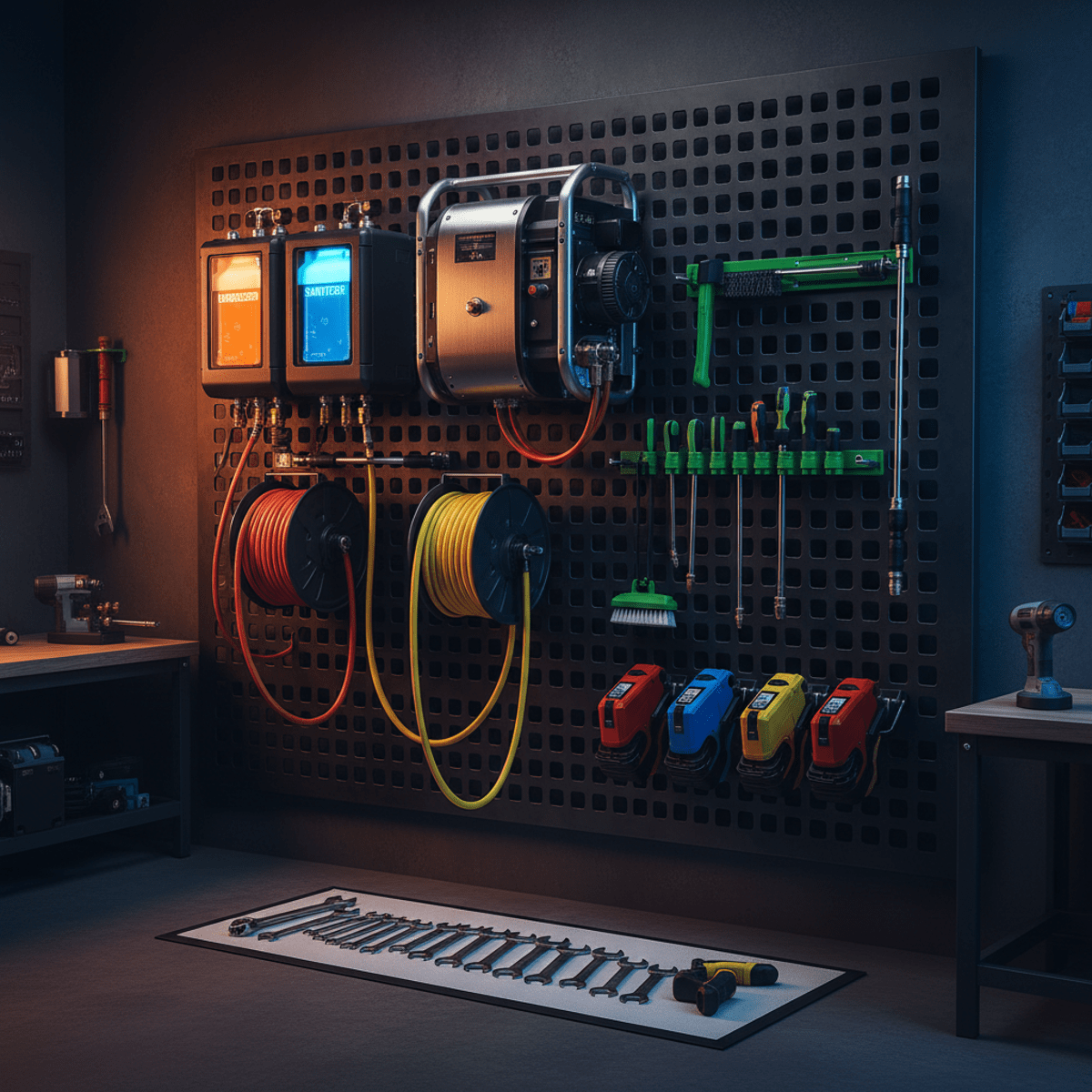 High-tech workshop wall with industrial power washer and modular cleaning attachments.