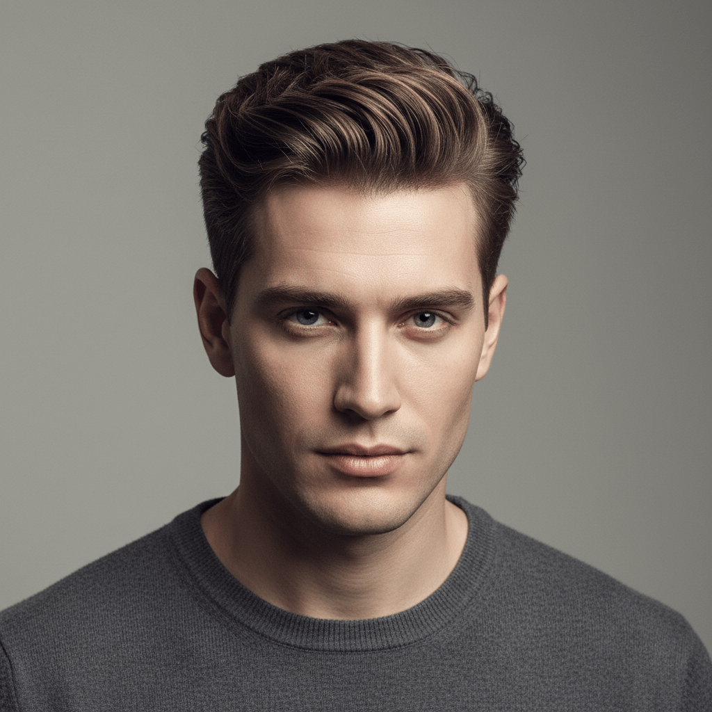 Male model with soft, voluminous pompadour hairstyle in a sleek studio setting.