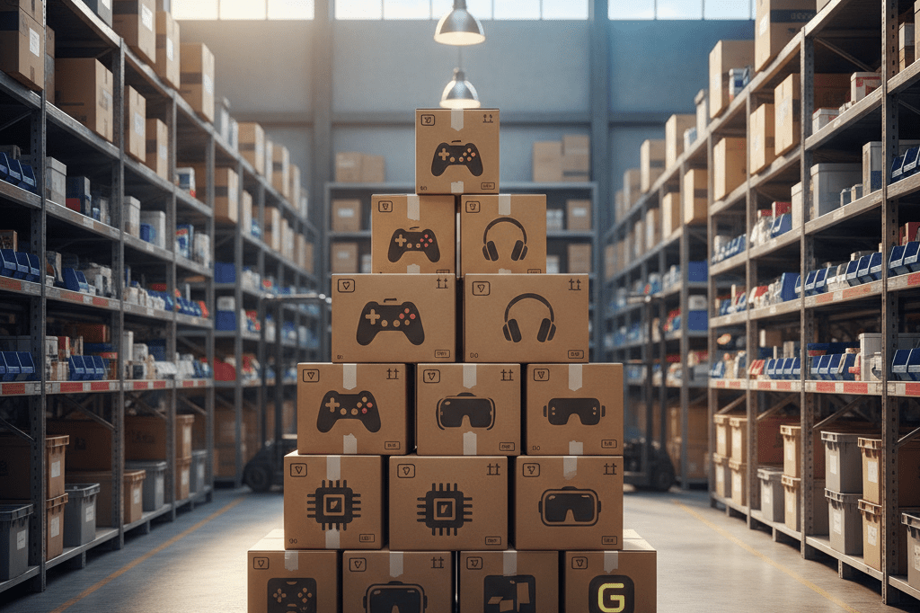 Warehouse aisle with stacked gaming hardware boxes under ambient light, illustrating supply chain preparation