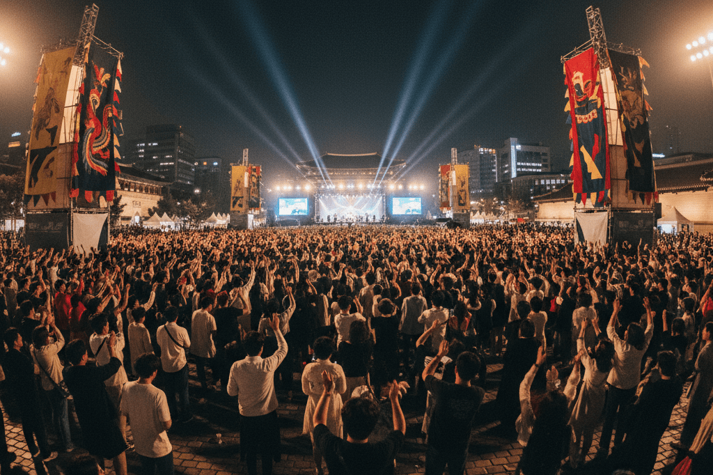 Wide-angle nighttime view of a large concert crowd under ambient stage lights symbolizing cultural resurgence