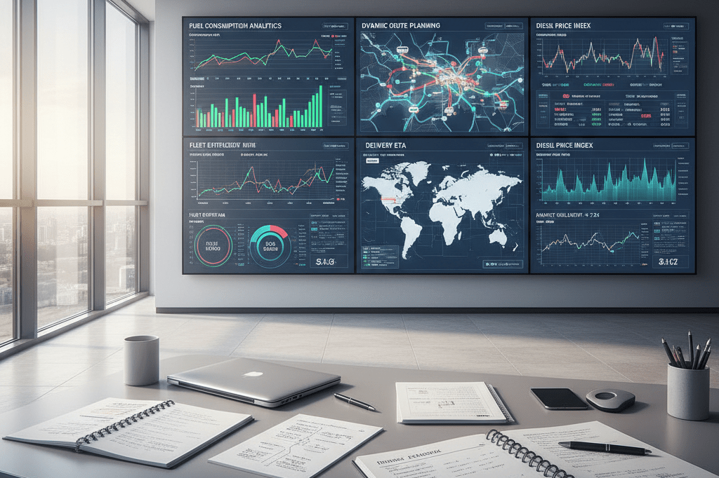 Wide shot of logistics control room featuring digital screens showing fuel data analytics and route maps under natural light