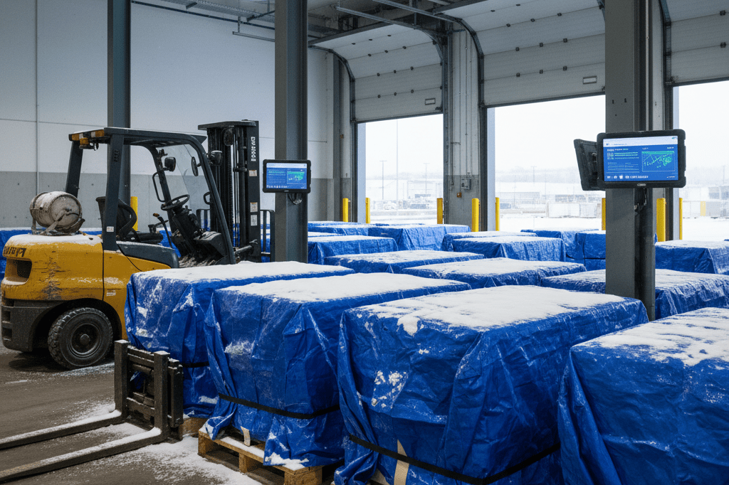 Medium shot of a snow-dusted warehouse loading dock with covered pallets and digital inventory displays, showing weather-ready supply chain infrastructure