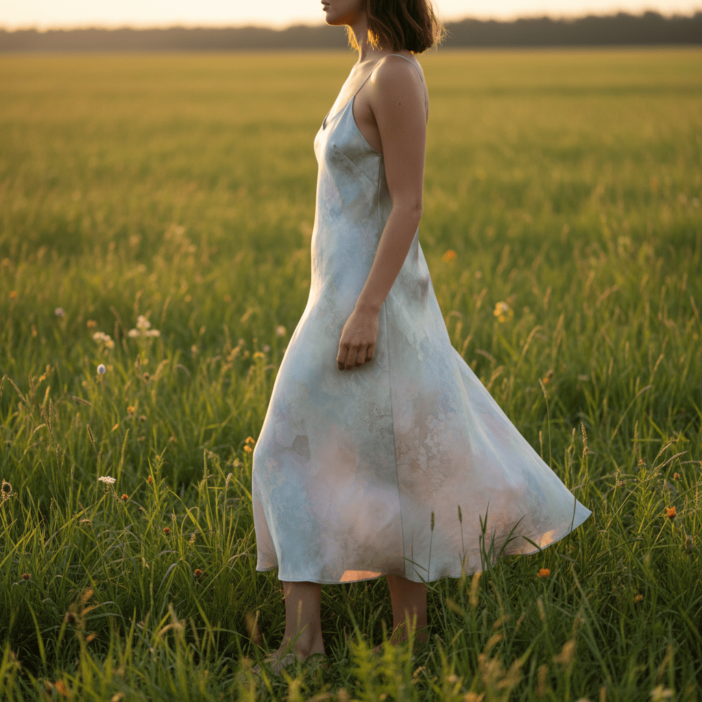 Minimalist slip dress made of shimmering algae silk in a lush meadow at golden hour.