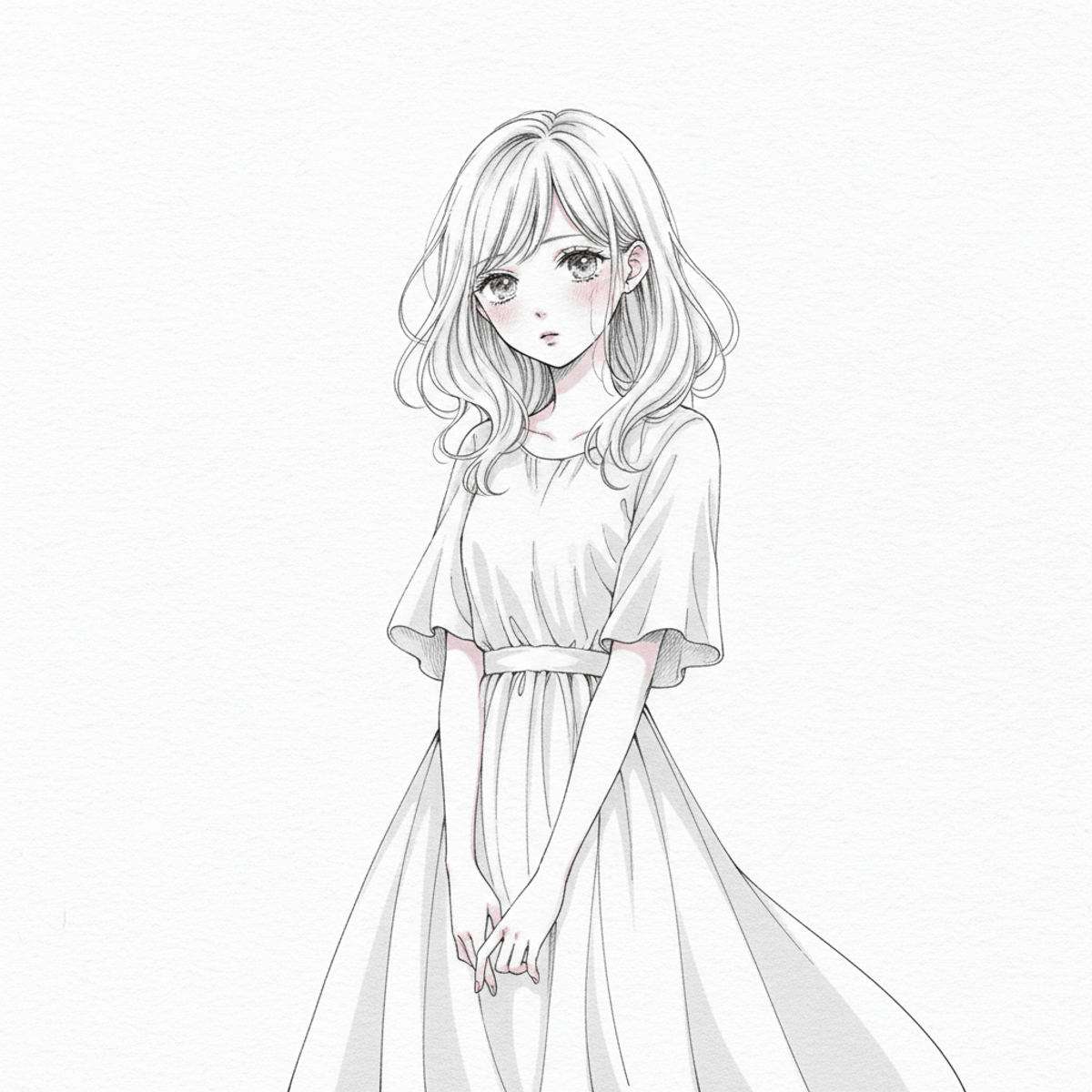 Manga character with delicate lines and soft expression on white space.