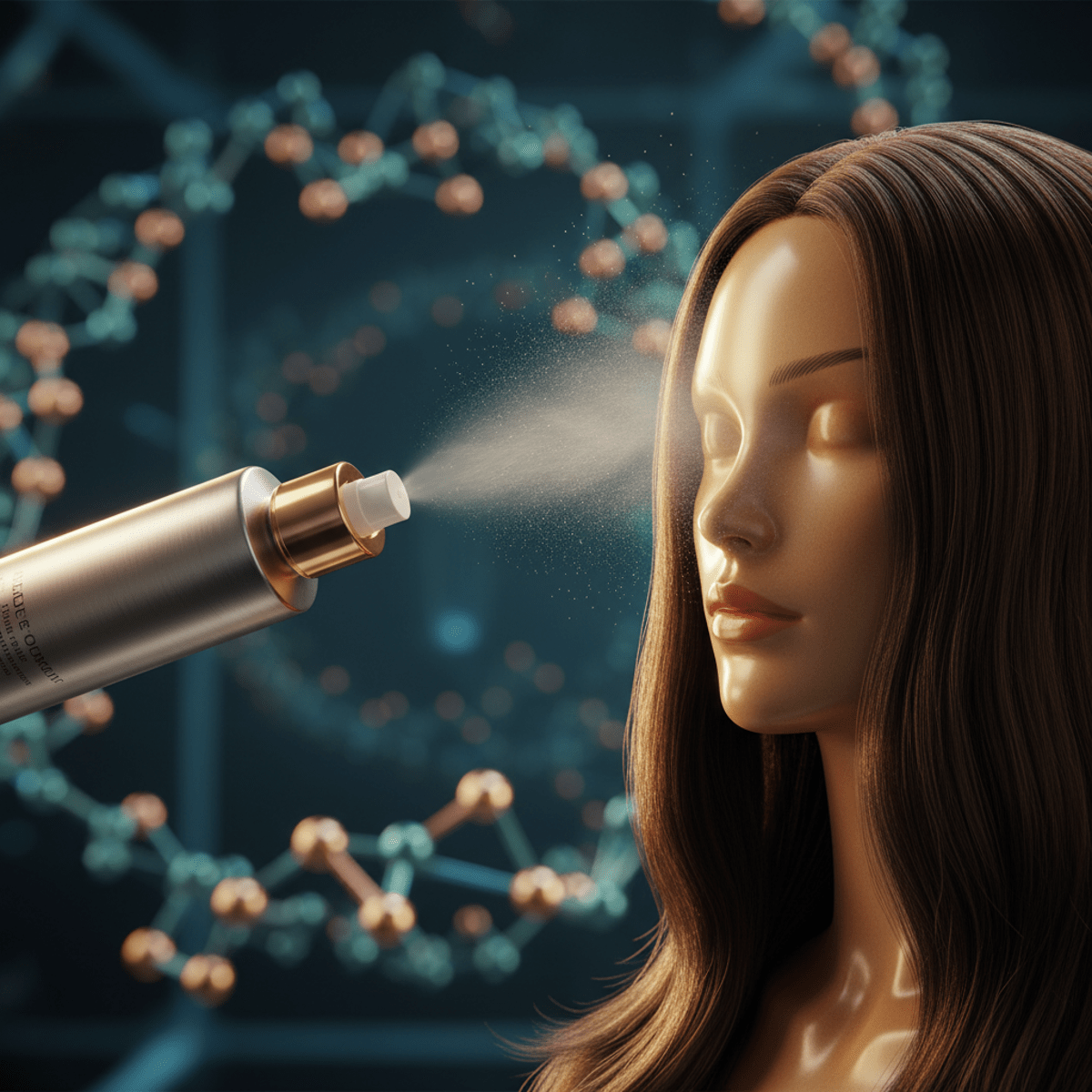 Hair growth oil spray misting a healthy, glossy mannequin scalp in a lab.