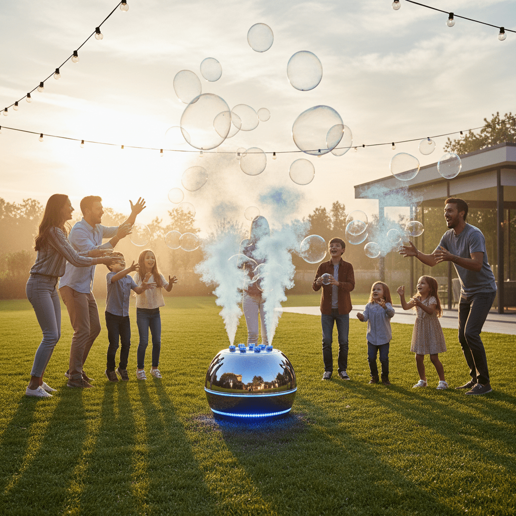 Family and friends pop glowing blue fog bubbles at dusk in a backyard.