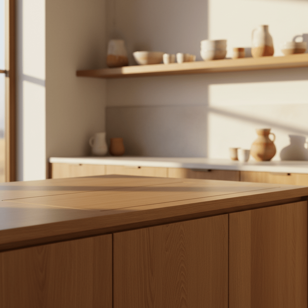 Modern Japandi kitchen features a sustainable light oak wood countertop with bamboo edge.